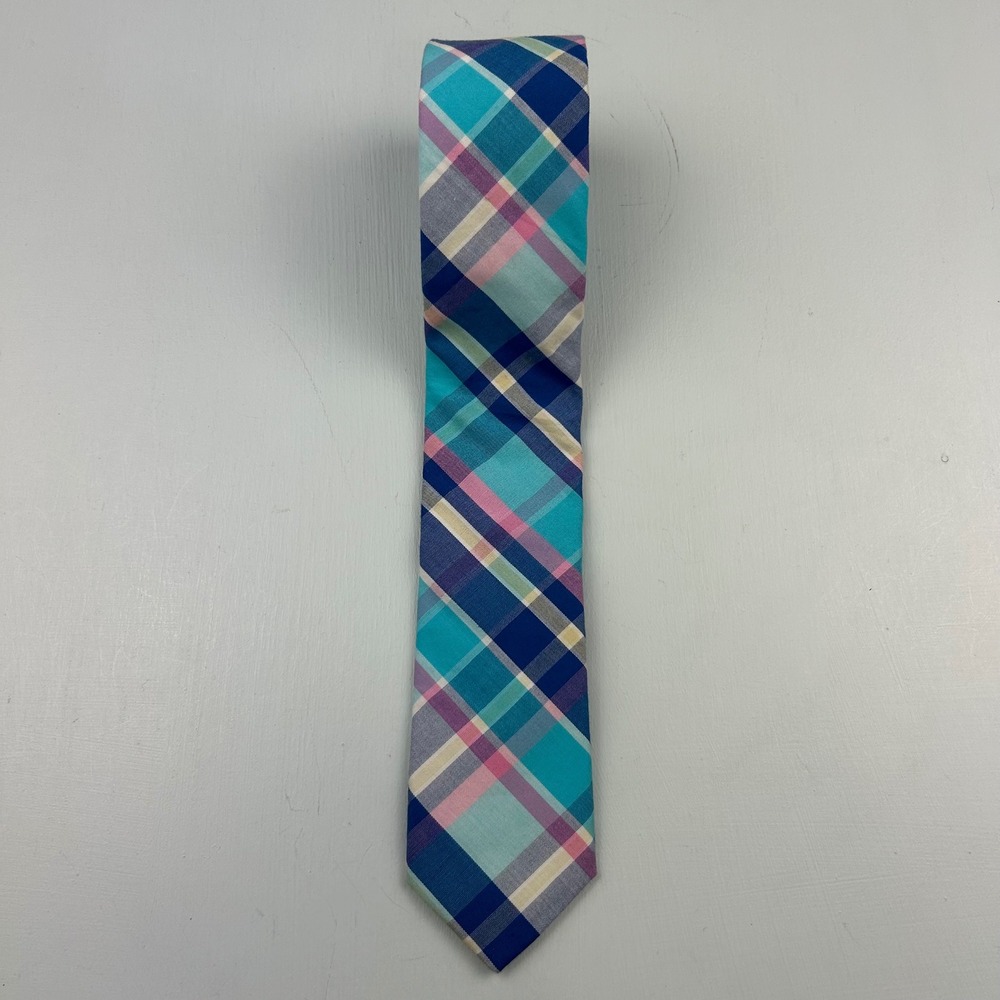 Original Penguin Mens Blue‎ Pink Plaid Cotton Slim Necktie